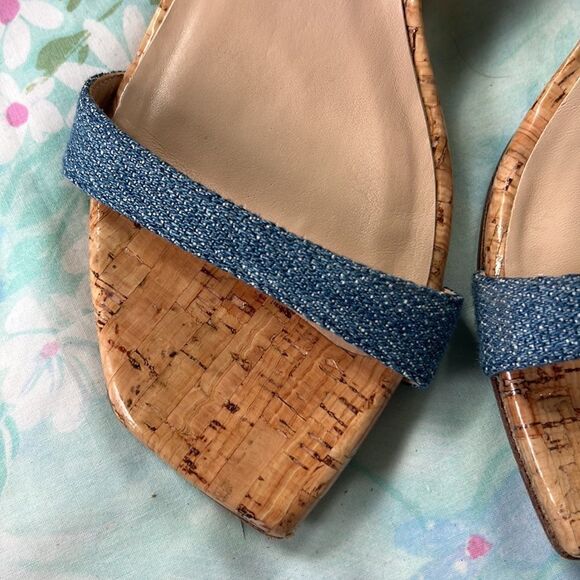 Stuart Weitzman Denim Strap Square Toe Sandals Wedge - Picture 3 of 16